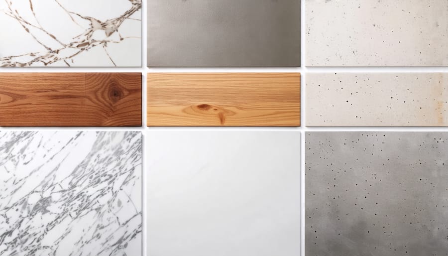 Collage showcasing six affordable countertop options