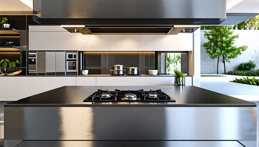 Modern kitchen with stainless steel countertops and appliances