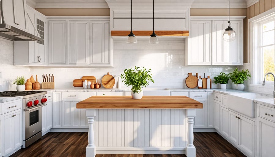 Rustic kitchen island with a butcher block countertop
