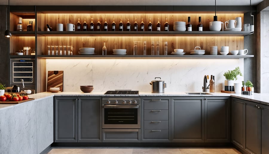 A collage of six affordable countertop materials, including laminate, ceramic tile, butcher block, solid surface, concrete, and stainless steel, showcasing their textures and styles in a modern kitchen setting.