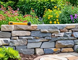 A partially constructed natural stone retaining wall in a garden, showcasing a variety of stones and construction tools, surrounded by lush greenery.