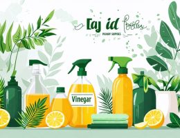 Illustration of eco-friendly cleaning products made from natural ingredients like vinegar, baking soda, and lemon, used in a green, sustainable home environment with houseplants and reusable cleaning tools.