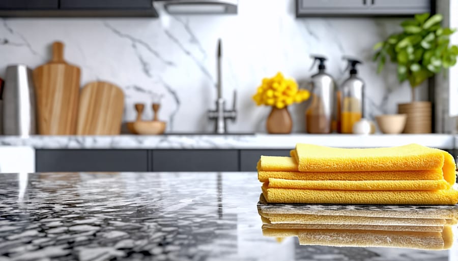 Elegant kitchen with a shining granite countertop, showcasing various cleaning supplies including pH-neutral cleaner, microfiber cloths, and soft sponges.