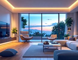 Illustration of a modern home featuring interconnected smart devices, including dynamic lighting, a smart thermostat, and a central control hub, representing the convenience and efficiency of an integrated smart home system.