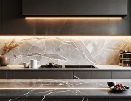 A modern kitchen interior featuring elegant stone countertops with a unique pattern, demonstrating the natural beauty and luxury of natural stone.