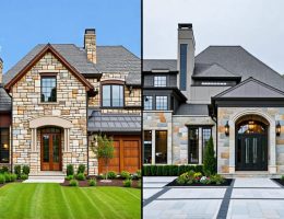A split-image comparison showing natural stone veneer with varied textures on one side, and manufactured stone veneer with consistent patterns on the other, highlighting their differences in aesthetics and application.