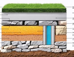 Illustrated cross-section of a stone foundation showing various insulation layers, including masonry sealant and rigid foam, with labels for each component.