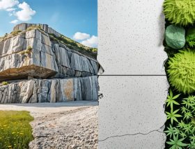 A split-screen image contrasting a natural stone quarry with sustainable materials such as hempcrete and mycelium, highlighting the shift from traditional, unsustainable stone use to eco-friendly building alternatives.