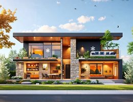 Conceptual illustration of a house using thermal mass materials like stone, brick, and concrete, with elements symbolizing different seasons to showcase energy efficiency in home design.