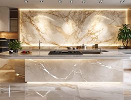 A luxurious living room showcasing natural stone elements, including a marble countertop and granite floor, illustrating the timeless beauty and versatility of natural stone in home design.
