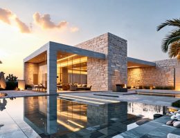 A captivating blend of classical structures and modern buildings featuring elegant use of natural stones like marble, granite, and limestone.