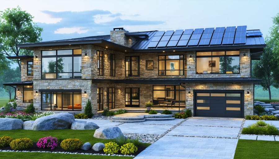 A modern home constructed with natural stone cladding, featuring large windows for passive solar heating and a sustainable landscape with permeable paving and solar panels.