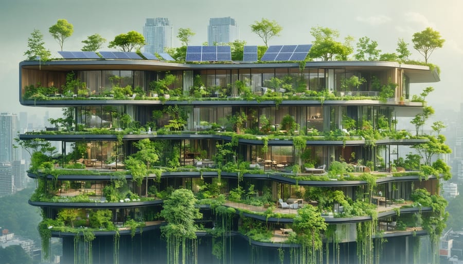 Illustration of futuristic city with green roofs, solar panels, and sustainable building materials, representing eco-friendly construction trends.