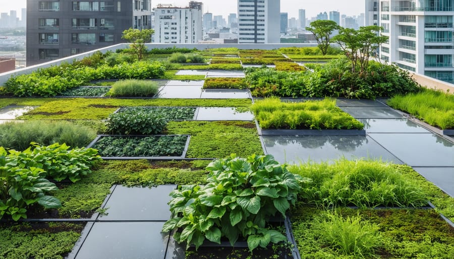 Urban green roof with plants and rainwater collection