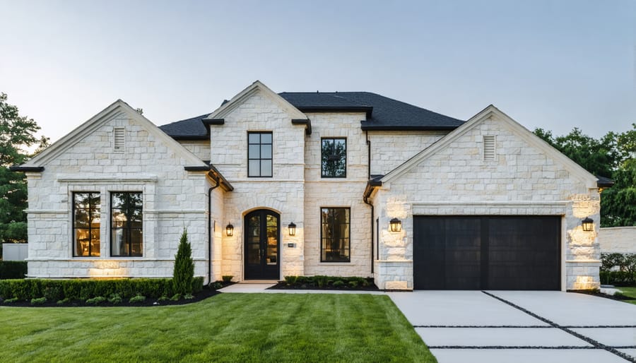 Limestone exterior walls in a light, creamy hue creating an elegant look