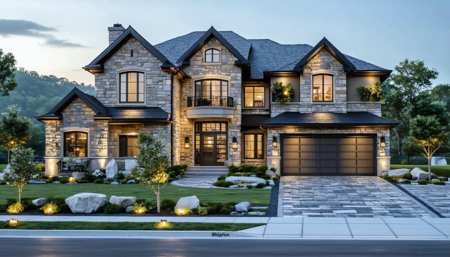 Elegant home exterior featuring a diverse range of natural stone materials such as granite, limestone, slate, and travertine, highlighting their unique textures and vibrant colors.