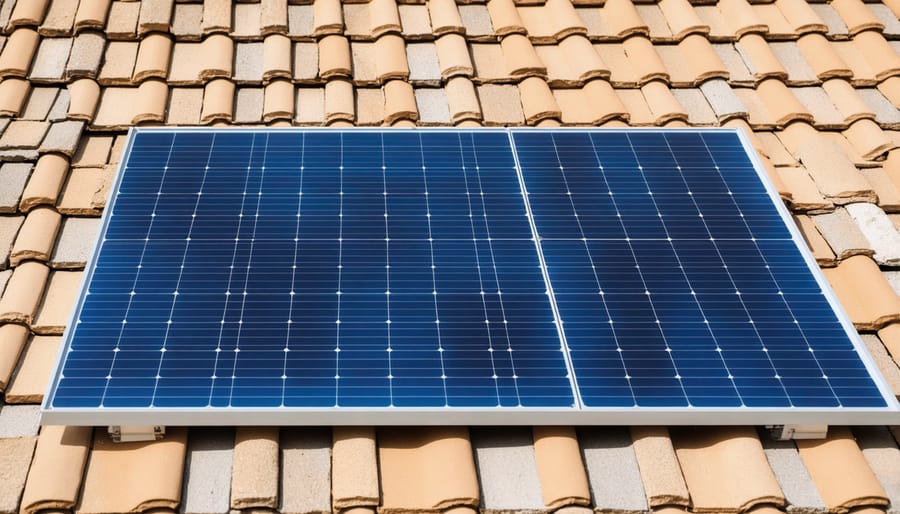 Solar panels and natural stone roof tiles combining for sustainable energy
