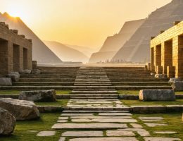 A blend of ancient stone monuments and contemporary stone architecture bathed in a golden sunset, symbolizing the enduring power and significance of stone throughout history and modern times.