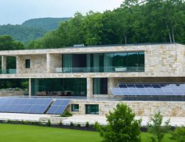 A modern stone building in a green landscape, showcasing energy-efficient design and sustainable features.