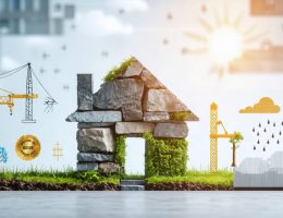 Conceptual illustration showing a house with natural stone elements, surrounded by symbols of building codes and environmental resilience, representing the importance of safety and compliance in residential construction.