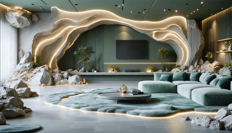 Modern living room with sound waves being absorbed by stone-like fibers, illustrating the soundproofing effect of stone wool insulation.