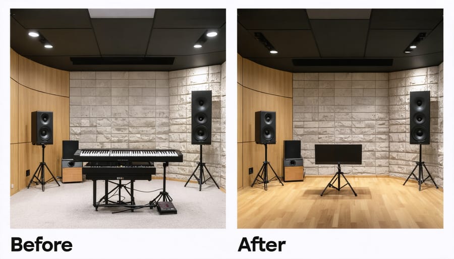 Split image showing recording studio transformation with stone wool soundproofing installation
