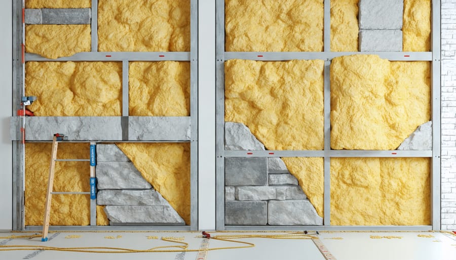 Construction worker installing stone wool insulation between wall studs with proper techniques