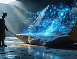 A human figure stands in front of a large stone slab with visible veins, surrounded by a digital interface that illustrates AI technology connecting stone characteristics with data analytics, representing the integration of AI in natural stone selection.