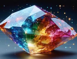 Conceptual illustration of a multi-colored zircon crystal intertwined with digital network lines, representing AI technology in stone analysis.