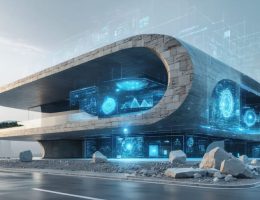 A modern architectural building featuring AI-designed artificial stone facade, accompanied by a digital interface showing AI analysis of stone materials and patterns, illustrating the integration of advanced technology in stone manufacturing.