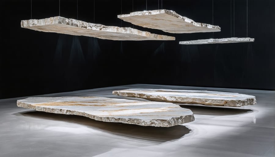 "Conceptual installation art showcasing suspended natural stone slabs in a gallery, with dramatic lighting creating a multidimensional and immersive spatial experience."