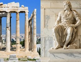 A collage of classical Greek marble columns from the Parthenon combined with modern skyscrapers, illustrating the influence of Greek architectural principles on contemporary designs.
