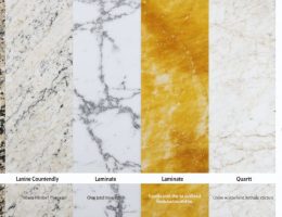 A split-image of various kitchen countertop materials showing different textures and finishes, ranging from laminate and tile to marble and quartz, representing the spectrum of budget to premium options.