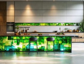 "A modern kitchen featuring eco-friendly countertops made from recycled glass and bamboo, showcasing a blend of style and sustainability."