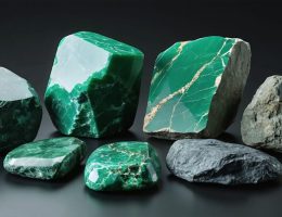 An assortment of green natural stones displaying different shades and veining patterns, demonstrating color variations from deep forest green to seafoam under varied lighting conditions.