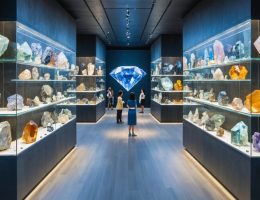 Interior view of a modern gemstone museum gallery with illuminated display cases showcasing a variety of precious gemstones. Interactive exhibits and visitors are visible, emphasizing the intersection of natural stone and human history.