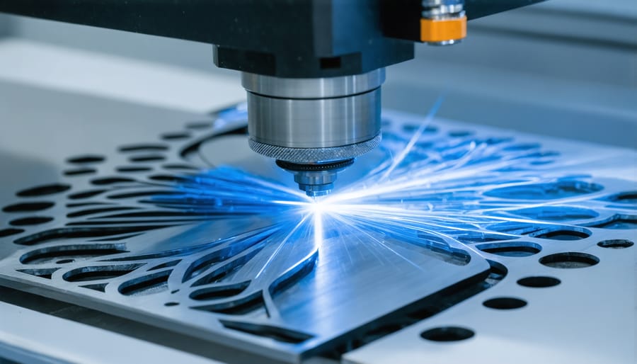 Industrial laser cutting machine precisely cutting patterns in stainless steel sheet metal