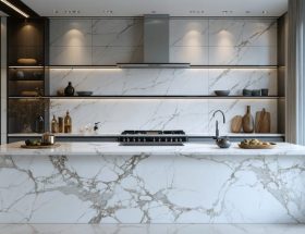 Modern kitchen featuring a central island with a white quartz countertop accented with subtle gray veining, surrounded by minimalist white cabinets and contemporary appliances.