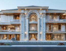 A modern architectural building using different natural stones including granite, limestone, marble, and slate, depicting decorative facades and solid columns that showcase the stone's durability and elegance.