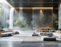 A modern interior with natural stone walls and flooring, demonstrating the integration of ventilation systems to enhance indoor air quality with visual airflow patterns.