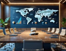 Investors in a modern boardroom analyzing luxury natural stone growth trends on a digital display.