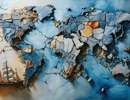 Conceptual illustration depicting the interconnected market forces affecting natural stone prices, including global shipping routes, fuel costs, interest rates, geopolitical tensions, and natural stone textures.