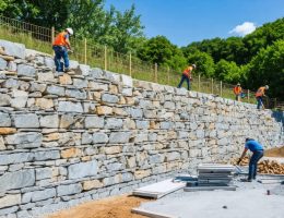 Workers constructing a natural stone retaining wall, showcasing different stone types and the labor-intensive process against a backdrop of greenery.