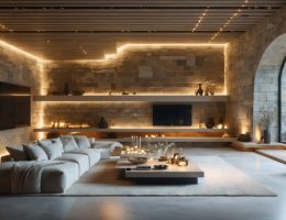"Living room with natural stone walls elegantly illuminated by integrated smart LED lighting, showcasing a blend of traditional architecture and modern technology."
