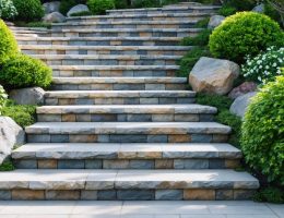 An elegant outdoor landscape featuring expertly crafted natural stone steps surrounded by lush greenery, exemplifying timeless beauty and durable craftsmanship.