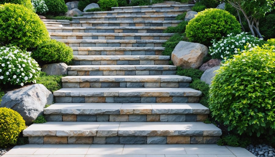 An elegant outdoor landscape featuring expertly crafted natural stone steps surrounded by lush greenery, exemplifying timeless beauty and durable craftsmanship.