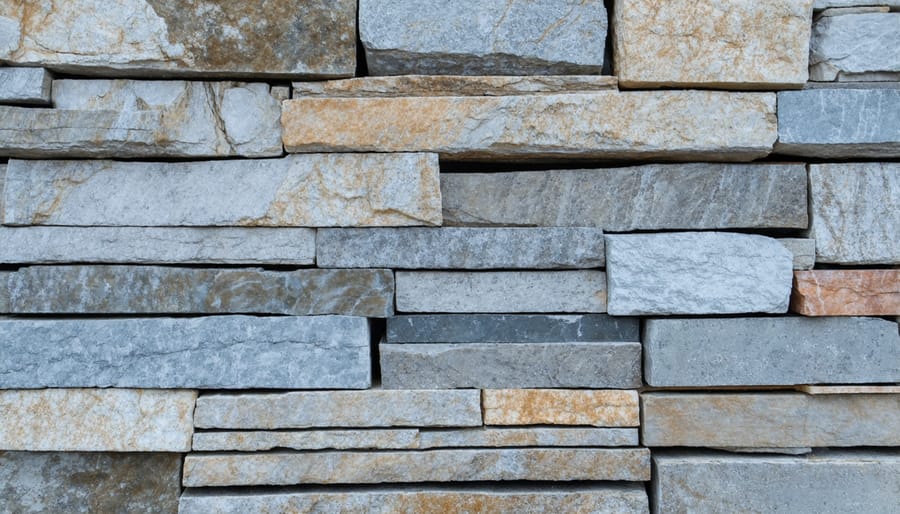 Detailed view of different stone materials showing texture, color, and pattern variations