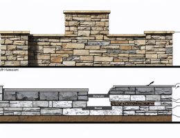 Split-level illustration displaying a completed natural stone veneer wall above and detailed installation layers including weather-resistant barrier and metal lath below.