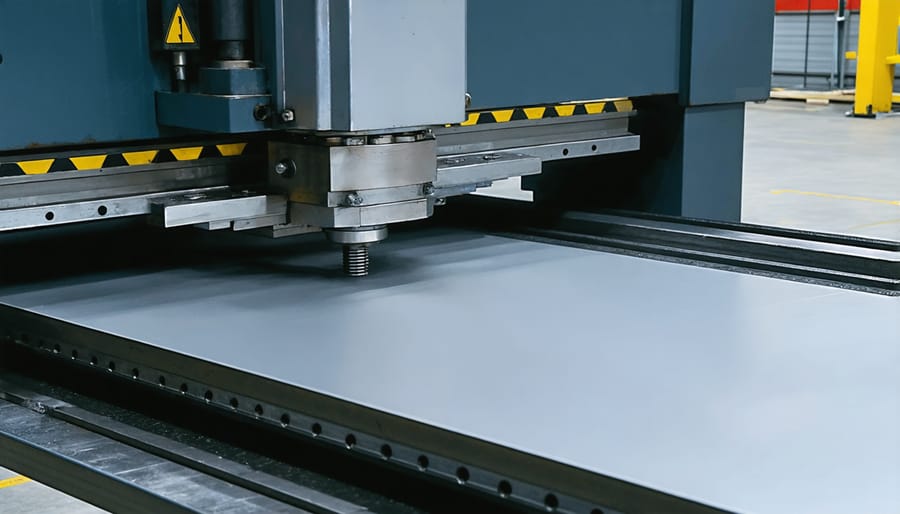 Worker operating a hydraulic press brake to bend sheet metal at a specific angle