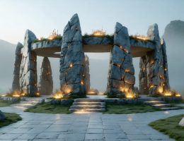 A modern architectural space incorporating ancient megalithic stones, glowing with a mystical aura, showcasing a fusion of historical symbolism and contemporary design.